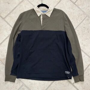 L.L. Bean Olive & Beige Quilted Pullover with Navy Chambray Lining